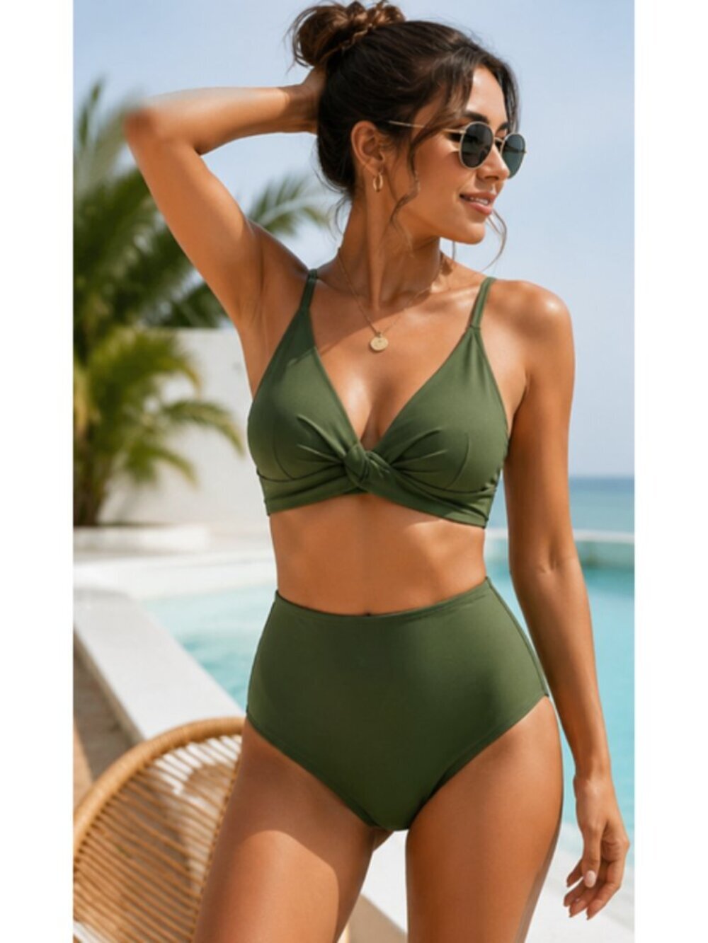 NWT Cupshe Olive Green High Waisted Bikini Set Twist Front Top Small